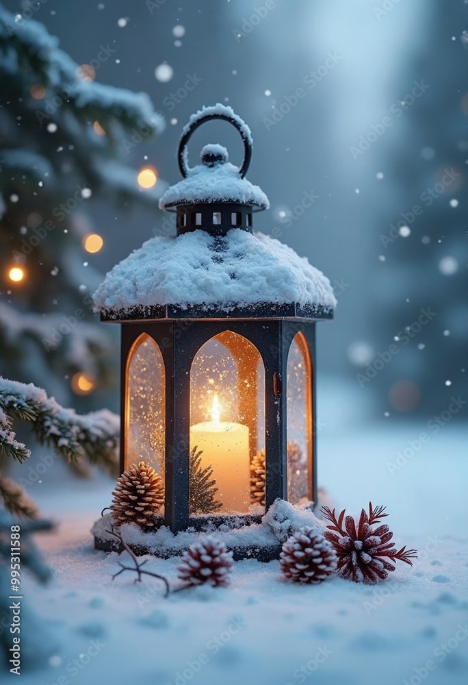 Lantern is covered in snow and decorated with festive decorations in a winter wonderland Lantern is covered in snow and decorated with festive decorations in a winter wonderland