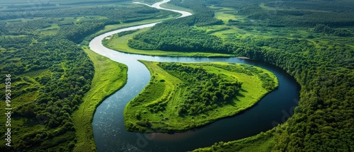 Serene Aerial View of Curving River and Lush Greenery