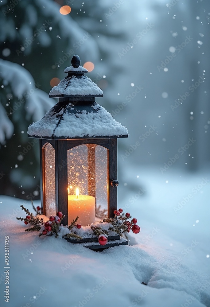 Lantern is covered in snow and decorated with festive decorations in a winter wonderland