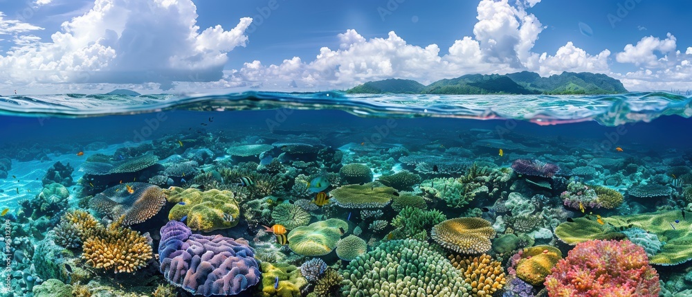 Naklejka premium Vibrant Coral Reef Underwater Landscape with Blue Sky