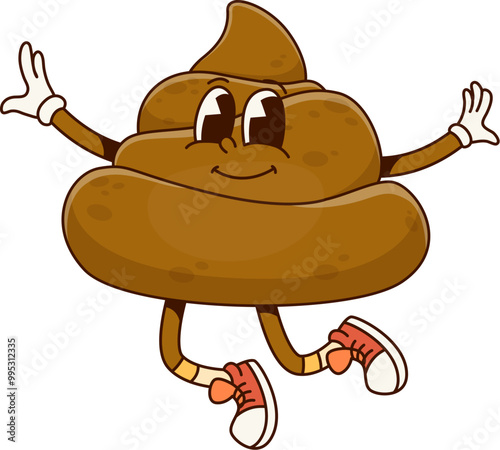 Cartoon groovy poop character, funny poo excrement personage, happy toilet shit emoticon wearing sneakers and gloves, jumping with joy, conveying humor and lightheartedness with retro hippie vibe