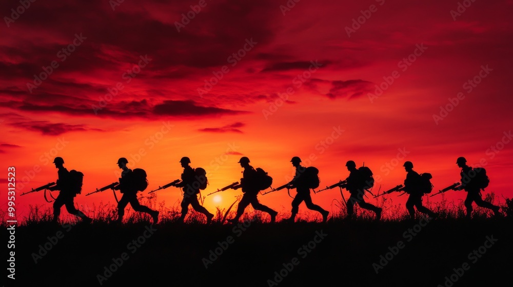 A group of soldiers are marching across a field at sunset A group of soldiers are marching across a field at sunset