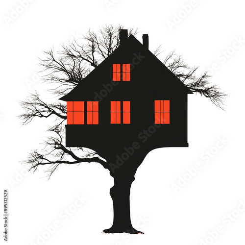 A house silhouette with a tree, Halloween concept, hounted house photo