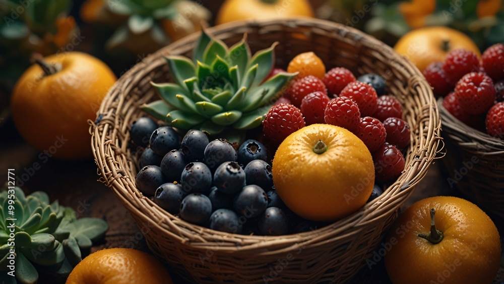 Fresh Blueberries Raspberries and Oranges in a Basket with Succulents Fresh Blueberries Raspberries and Oranges in a Basket with Succulents
