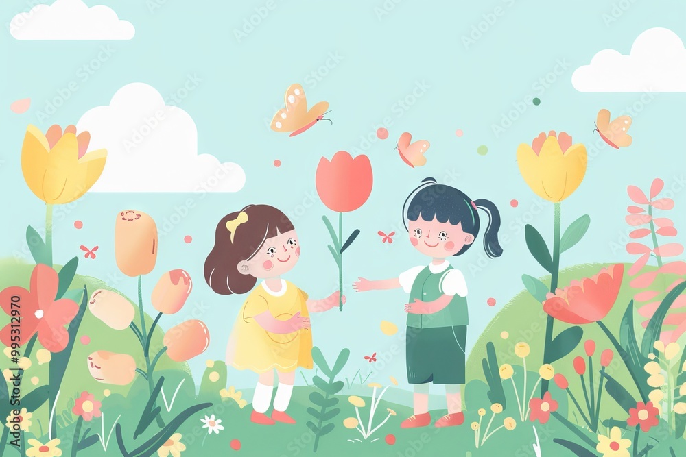 Two girls are holding flowers and butterflies in a garden Two girls are holding flowers and butterflies in a garden