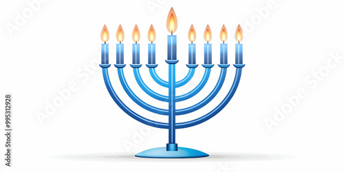 Modern Flat Floating Hanukkah Menorah with Glowing Blue Flames Isolated on White Background - Sleek Design for Contemporary Celebrations