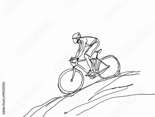 One Cyclist's Determined Ascent: Uphill Climb in a Single-Line Silhouette