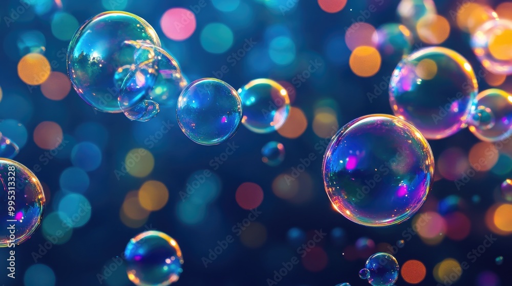 Abstract background of colorful soap bubbles against a dark blue backdrop Vibrant soapy foam overlay template featuring a striking 2D cartoon design Abstract background of colorful soap bubbles against a dark blue backdrop Vibrant soapy foam overlay template featuring a striking 2D cartoon design