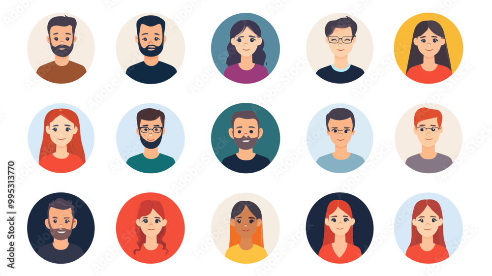 Vector Illustration of Diverse Avatars for Web Usage - Flat Icons Set Featuring Various Characters and Personalities Depicting Different Ages, Genders, and Ethnicities for Online Profiles and Websites Vector Illustration of Diverse Avatars for Web Usage - Flat Icons Set Featuring Various Characters and Personalities Depicting Different Ages, Genders, and Ethnicities for Online Profiles and Websites
