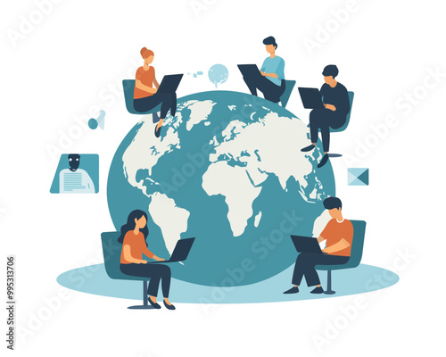 Remote Global Business Collaboration, International Teamwork, Working from Anywhere Concept, Minimalist Flat Vector Illustration of Business People Using Online Computers Around World Map Globe