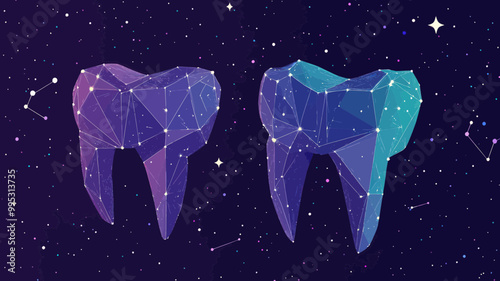 Futuristic Low Poly Tooth Network Concept with Starry Background, Digital Dental Health and Technology Illustration, Geometric Polygonal Teeth in Space