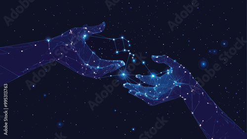 Abstract Hands Assembling Puzzle Against Starry Sky, Teamwork Concept in Minimalist SVG Vector, Business Collaboration, Universe Theme