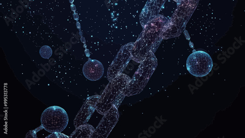 Abstract Wireframe Chain Links in Space with Starry Sky and Planets, Low Poly Vector Concept for Blockchain Technology and Connectivity