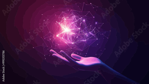 Polygonal Hand Holding Puzzle Vector with Light Connections, Abstract Low Poly Business Concept, Geometric Triangles and Network Structure in Minimalist Style