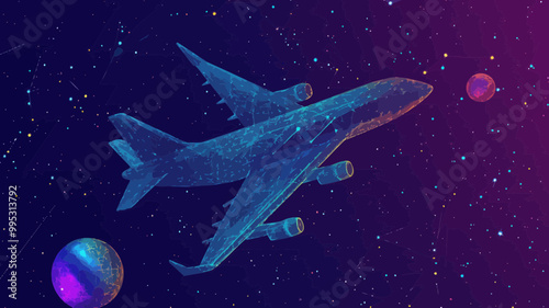 Abstract Vector Wireframe Aircraft Origami with Starry Space Background, Minimalist Design Showing Planets, Stars, and the Universe Cosmos Concept