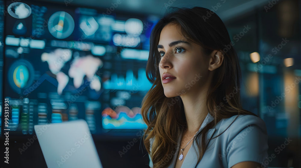 In the Monitoring Office Successful Hispanic Businesswoman Holding Laptop Computer And Analyzing Data On Big Digital Screen With Graphs and Charts. Female IT Entrepreneur Running In the Monitoring Office Successful Hispanic Businesswoman Holding Laptop Computer And Analyzing Data On Big Digital Screen With Graphs and Charts. Female IT Entrepreneur Running