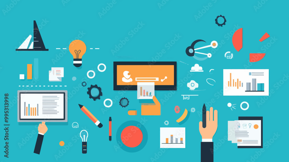 Flat Design Concept for Business Strategy and Creative Process with Data Analysis and Teamwork Elements Flat Design Concept for Business Strategy and Creative Process with Data Analysis and Teamwork Elements