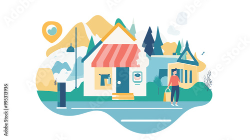 Flat Style Vector Illustration of Person Finding Nearest Store with Location Marker, Modern Design for Retail and Shopping Concepts