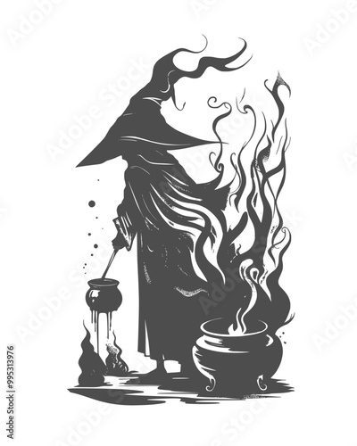 Silhouette of charming young cute witch girl with cauldron. Long curly hair. Halloween relative character silhouette