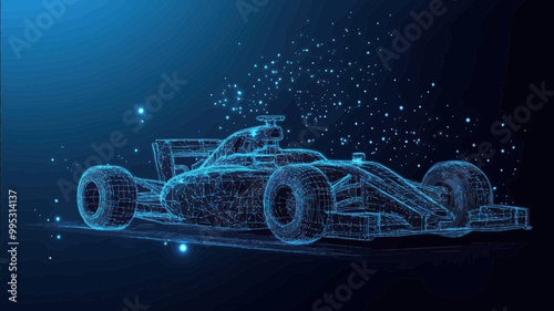 Polygonal F1 Racing Car Vector Illustration, High-Speed Concept, Blue Mesh Lines with Debris Flying, Minimalist SVG Design for Speed and Transport Themes