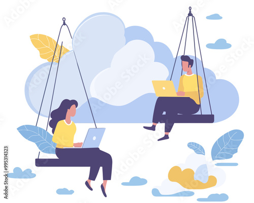 Remote Work Cloud Computing Flat Minimalist Vector, Businessman and Woman Using Laptops on Swings Suspended from Cloud, Technology Connectivity Concept