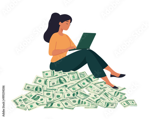 Young Woman Earning Online Income: Side Hustle, Investment Return Concept, Female Entrepreneur on Pile of Dollar Banknotes Working on Laptop - Flat Minimalist SVG Vector