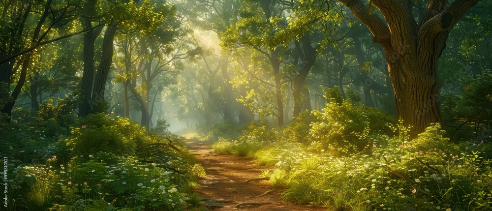 Obraz premium Tranquil Forest Pathway with Sunlight and Foliage