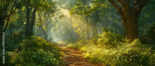 Tranquil Forest Pathway with Sunlight and Foliage