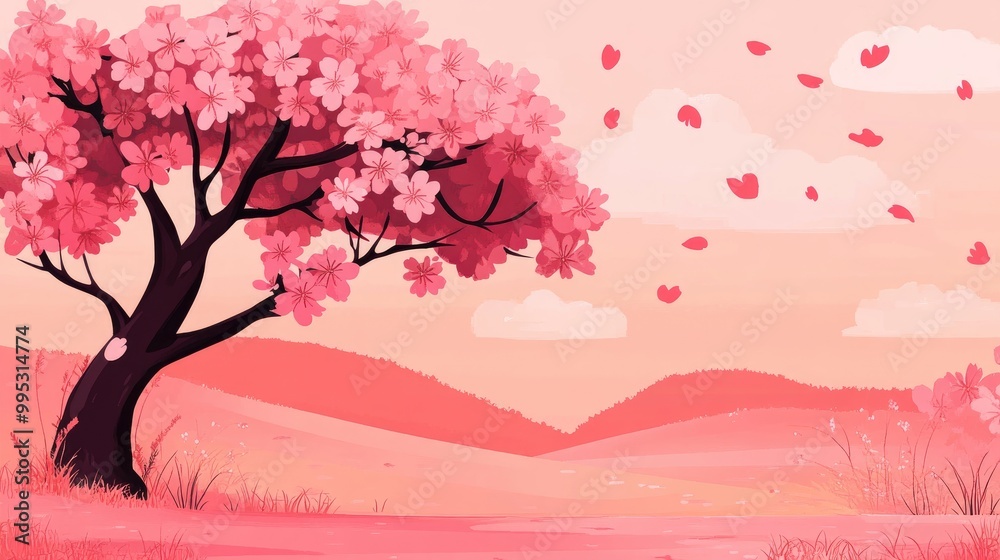 Simple and whimsical pink sakura blossoms in a 2D cartoon style featuring a primitive design of a blooming spring tree Simple and whimsical pink sakura blossoms in a 2D cartoon style featuring a primitive design of a blooming spring tree