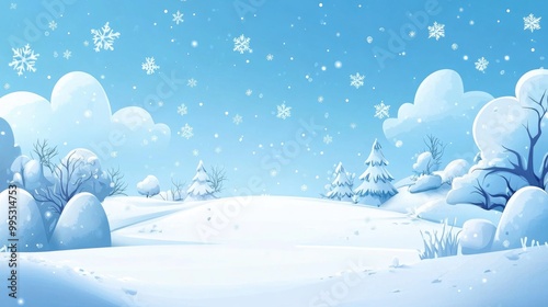 Snowy Christmas scene featuring gentle falling snowflakes and stars on a light blue winter background Charming and whimsical 2D cartoon illustration