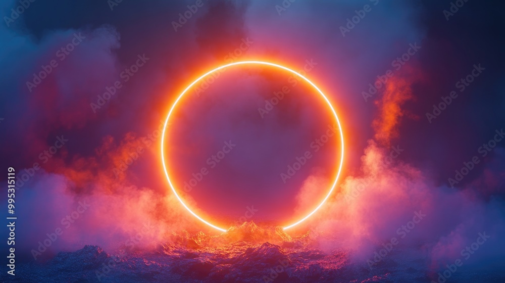 Obraz premium Neon circular frame surrounded by a smoky haze featuring a glowing orange fire ring A vibrant illuminated night setting evokes a futuristic portal in a 2D cartoon style