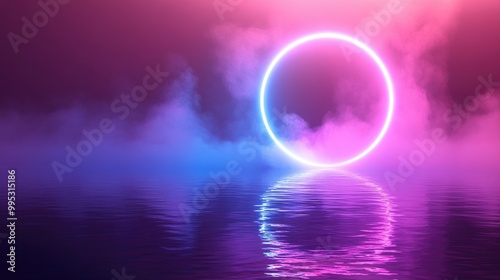 Neon circular shape enveloped in mist mirrored on water s surface Contemporary 3D design backdrop with violet blue and pink hues 2D cartoon illustration style EPS10 photo