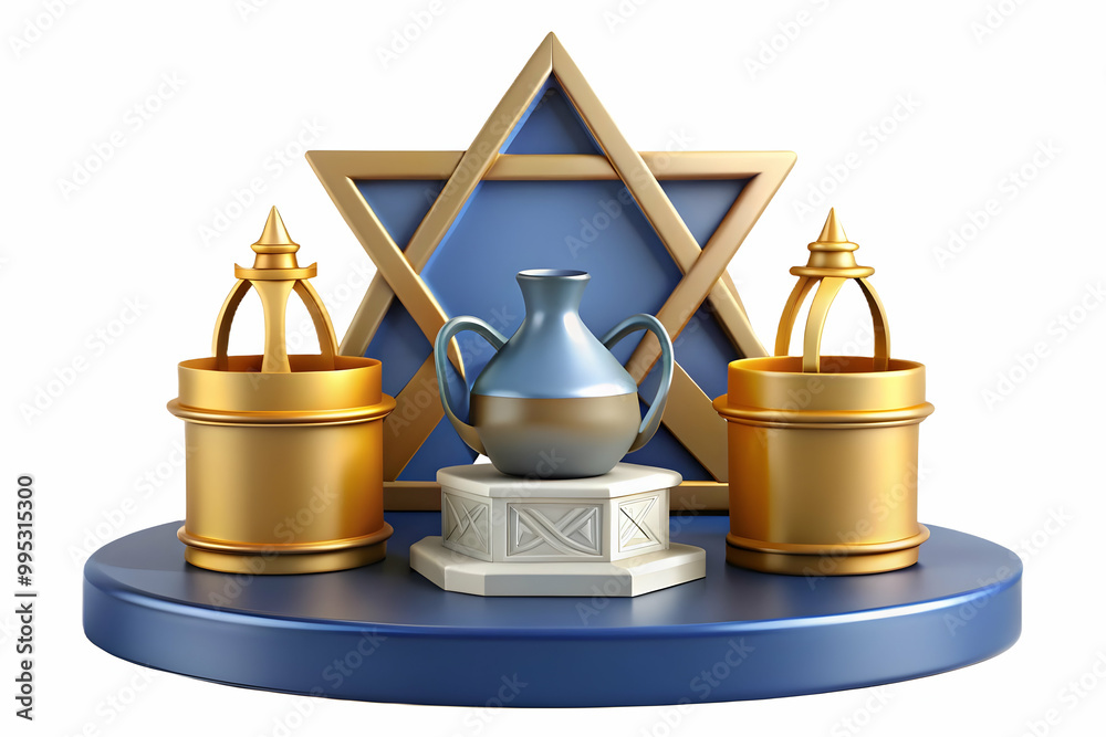 Elegant Flat Podium Design Featuring Star of David and Oil Jugs - Ideal for Hanukkah Visuals with Ample Copy Space in Medium Shot Elegant Flat Podium Design Featuring Star of David and Oil Jugs - Ideal for Hanukkah Visuals with Ample Copy Space in Medium Shot