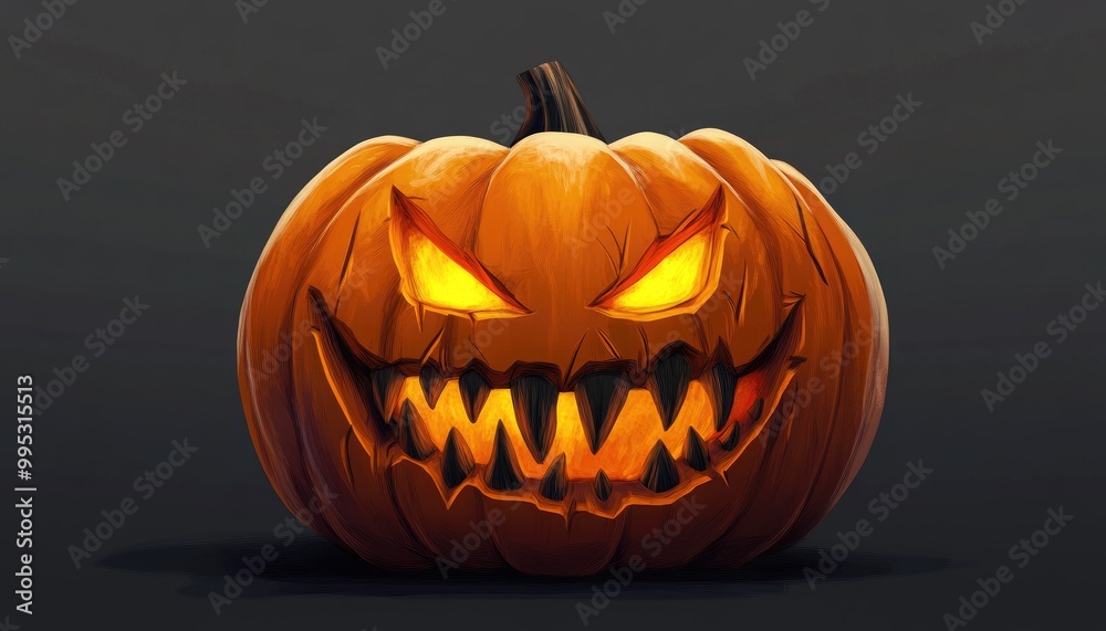 Vivid illustration of a fierce orange pumpkin featuring two rectangular black teeth and a yellow shadow set against a dark gray background Perfect for Halloween themes Vivid illustration of a fierce orange pumpkin featuring two rectangular black teeth and a yellow shadow set against a dark gray background Perfect for Halloween themes