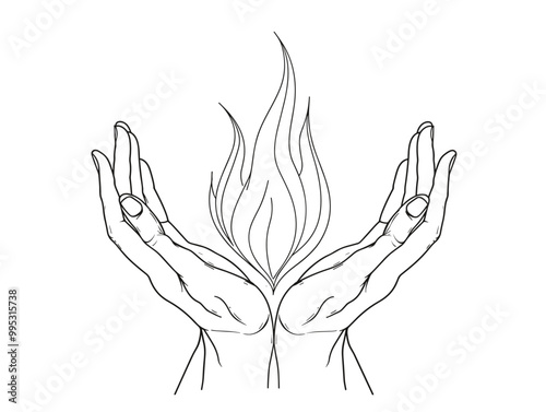 Line Art: Passion Ignited - Minimalistic One-Line Drawing of Nurturing Hands Encapsulating a Flame, Symbolizing the Cherished Inner Fire and Drive for Health
