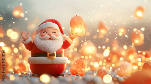 3D Santa Surrounded by Glowing Loy Krathong Lanterns in Soft Bokeh - Magical Festival Design with Copy Space for Promotions