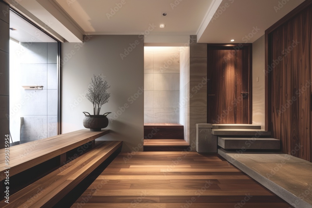 Fototapeta premium A large open space with a wooden door leading to a patio