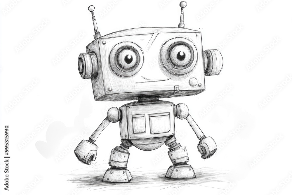 Whimsical Black and White Cartoon Drawing of an Adorable Robot or Droid Designed for Kids Coloring Activities Whimsical Black and White Cartoon Drawing of an Adorable Robot or Droid Designed for Kids Coloring Activities