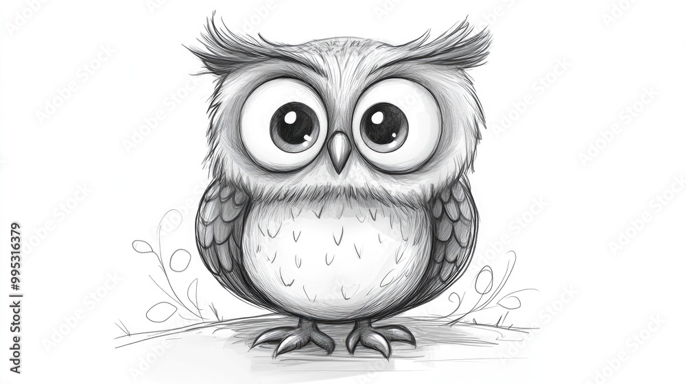Fototapeta premium Cute and funny cartoon owl character sketch style black and white hand drawn 2D illustration isolated design