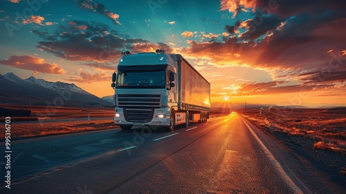 White truck driving on the asphalt road in rural landscape at sunset photo