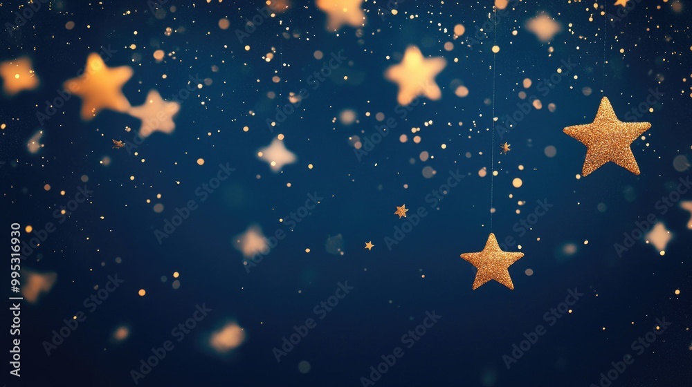 Whimsical 2D cartoon overlay featuring scattered gold stars in motion creating a dreamy and playful atmosphere against a dark blue backdrop