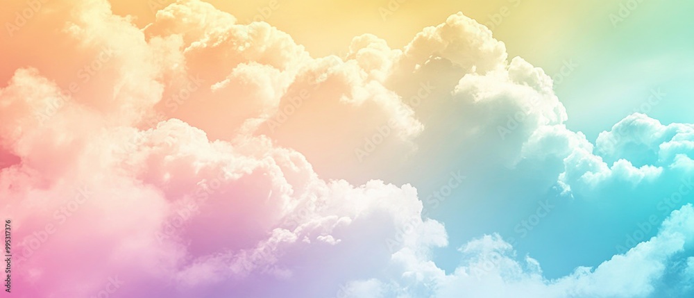 A vibrant pastel rainbow sky backdrop with fluffy white clouds features a captivating mix of gradient lighting effects resulting in a stunning array of colors A vibrant pastel rainbow sky backdrop with fluffy white clouds features a captivating mix of gradient lighting effects resulting in a stunning array of colors