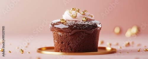 A beautifully decorated chocolate cupcake topped with cream and golden sprinkles, presented on a golden plate against a soft pink background. photo