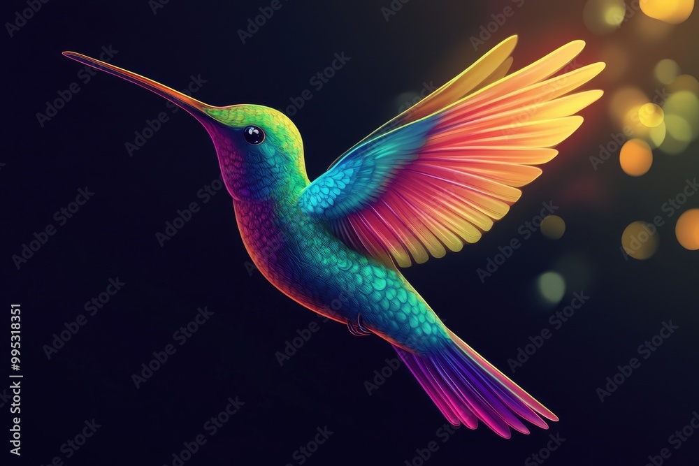 Vivid hummingbird against a dark backdrop in a 2D cartoon style illustration Vivid hummingbird against a dark backdrop in a 2D cartoon style illustration
