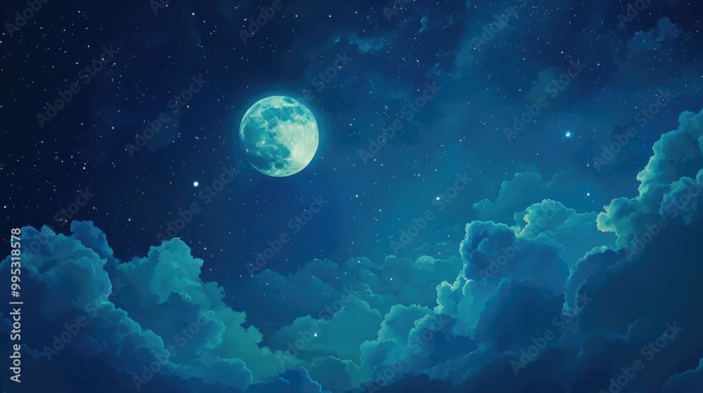 Fototapeta premium Enchanting moon in a deep blue starry sky with drifting clouds at night Scene evokes a festive vibe with a stunning cloudscape
