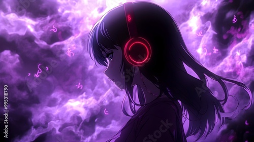 Anime Girl with Glowing Headphones Surrounded by Swirling Smoke and Kanji Letters