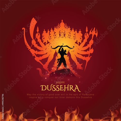 Happy Dussehra Vector Design. Lord Rama killing Ravana in Dussehra,Vijayadashami. Dussehra Poster Design Vector Illustration. Festival of India.