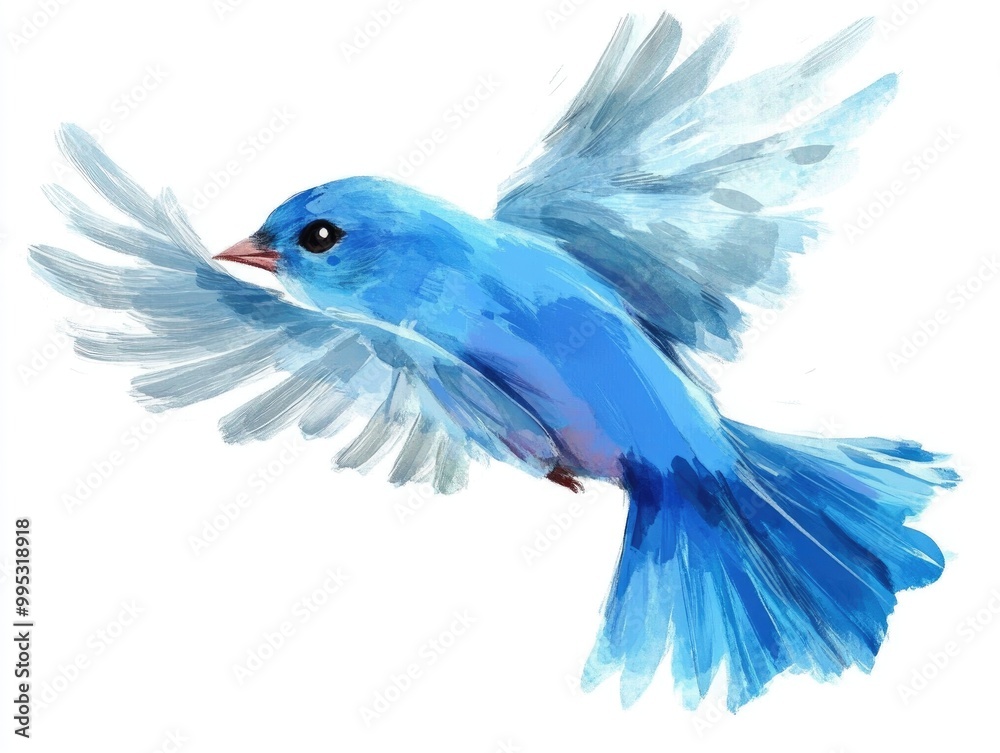 Obraz premium Whimsical blue bird soaring against a white backdrop A charming hand drawn illustration representing themes of freedom dreams and playful animal characters