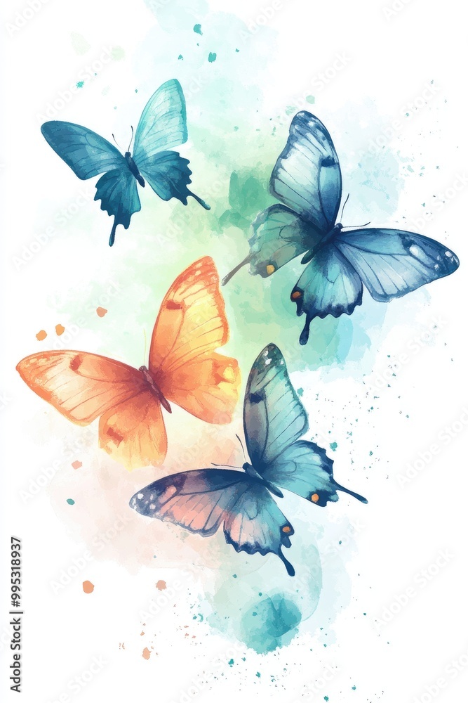 Abstract watercolor backdrop featuring butterflies in a 2D cartoon style illustration
