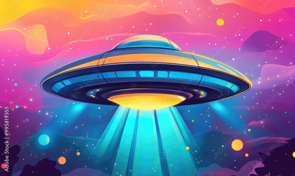 Colorful cartoon UFO illustration set against a vibrant background Colorful cartoon UFO illustration set against a vibrant background